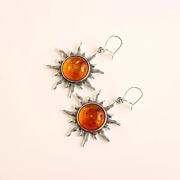 Baltic Amber Large Sun Earrings in 925 Sterling Silver - Picture 4 of 5